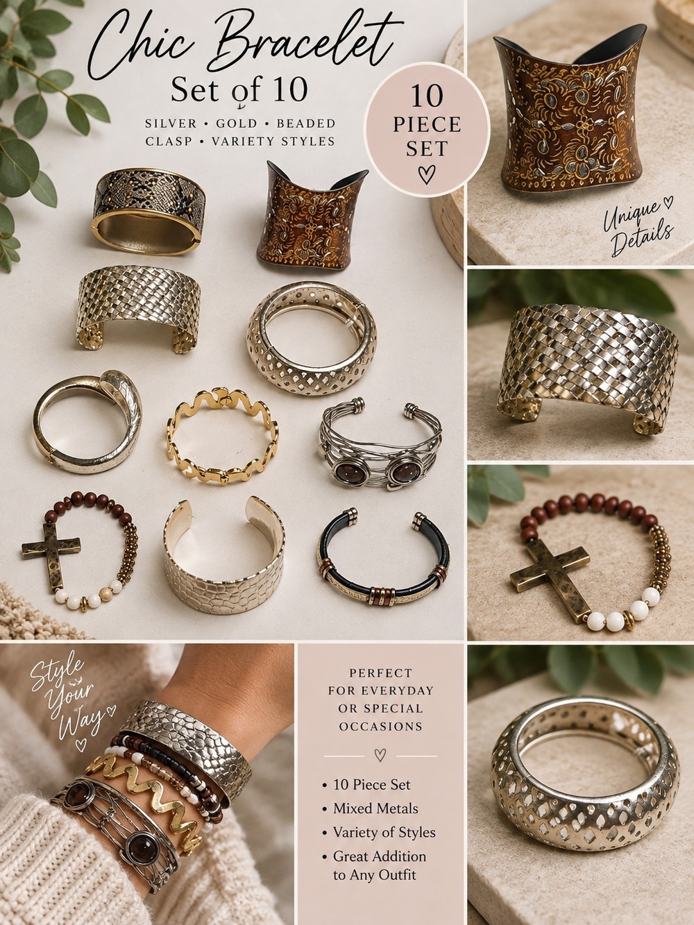 Chic Women's lot of 10 silver gold beaded clasp bracelets #32